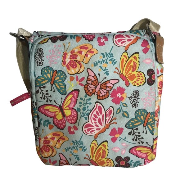 Lily Bloom Butterfly Print Crossbody Bag Tan Trim Pink Lining Pockets 10" x 9" - Picture 9 of 16